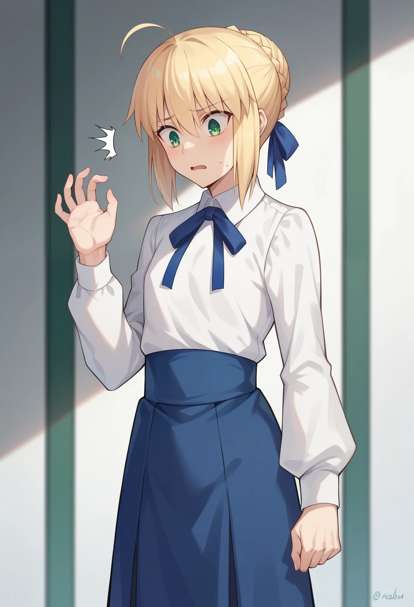 score_9,score_8_up,score_7_up, 1girl, solo, flat chest, character: artoria_pendragon_(fate), character: saber_(fate), green_eyes, hair_between_eyes, blonde_hair, short_hair, single_hair_bun, ahoge, braid, braided_bun, hair_bun, hair_ribbon, sidelocks, shirt, white_shirt, blue_ribbon, long_sleeves, ribbon,blue_skirt, (black pantyhoses), shocking, shocked face, stiff hands, standing, looking down, indoor, bedroom
