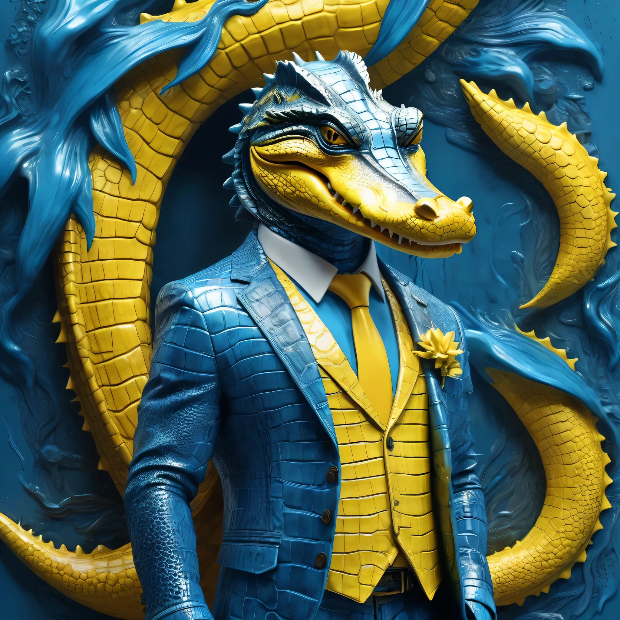 Alligator man scammer, fully body, artistically arranged elements, high relief textured, mostly blue tones and yellow details, photoRealismo, 8k, 4D, Artistic background