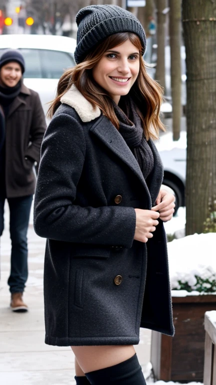 Lake Bell wearing sexy winter clothes and smiling