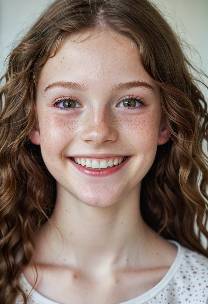 half body shot, a beautiful skinny teenager, 13 years old, Danish, freckles, pale skin, big smile, ruby eyes, long wavy light brown hair, thin face, natural makeup, hyperdetailed photography, soft light, half body shot