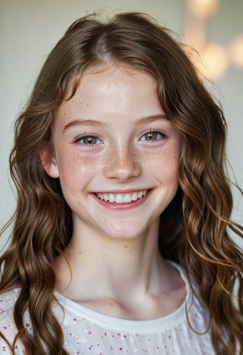 half body shot, a beautiful skinny teenager, 13 years old, Danish, freckles, pale skin, big smile, ruby eyes, long wavy light brown hair, thin face, natural makeup, hyperdetailed photography, soft light, half body shot