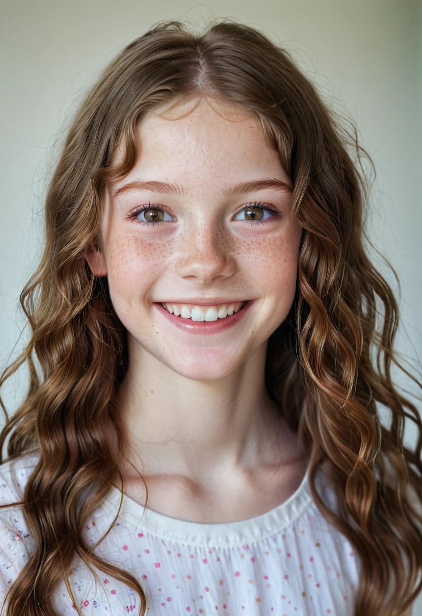 half body shot, a beautiful skinny teenager, ************, Danish, freckles, pale skin, big smile, ruby eyes, long wavy light brown hair, thin face, natural makeup, hyperdetailed photography, soft light, half body shot