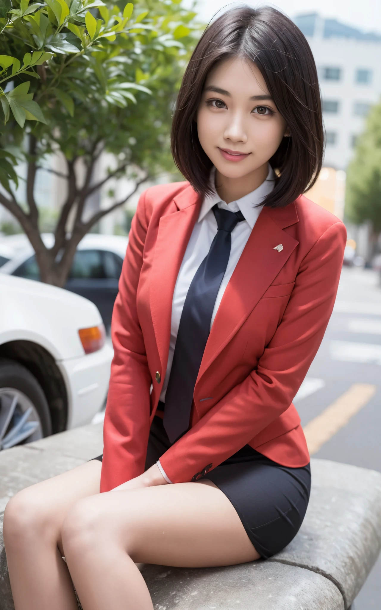 girl, Hyper Realistic, masterpiece, smile, portrait, bobhair, light gray pencil skirt suit, white shirt, red necktie, pantyhose