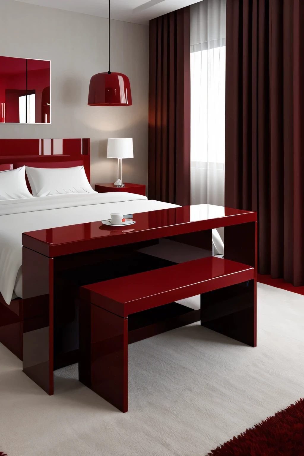 Professional 3d architecture rendering design of modern and minimal and Art Deco and high tech design for bedroom with dark red glossy makeup table