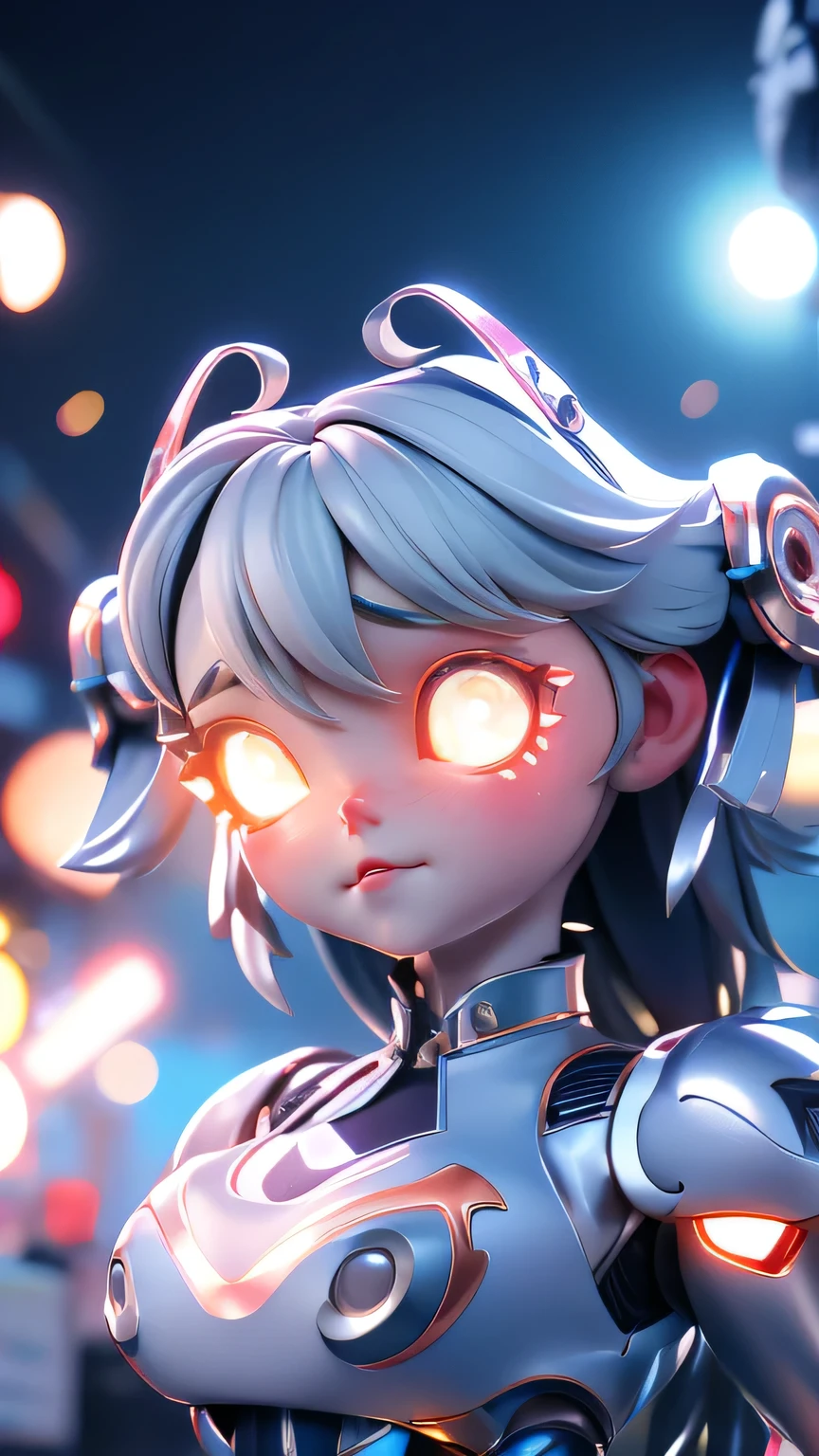 masterpiece, best quality, ultra-detailed, illustration,volumetric lighting, lens flare, racing2014, (robot :1.2), cute face, (metal skin:1.1)