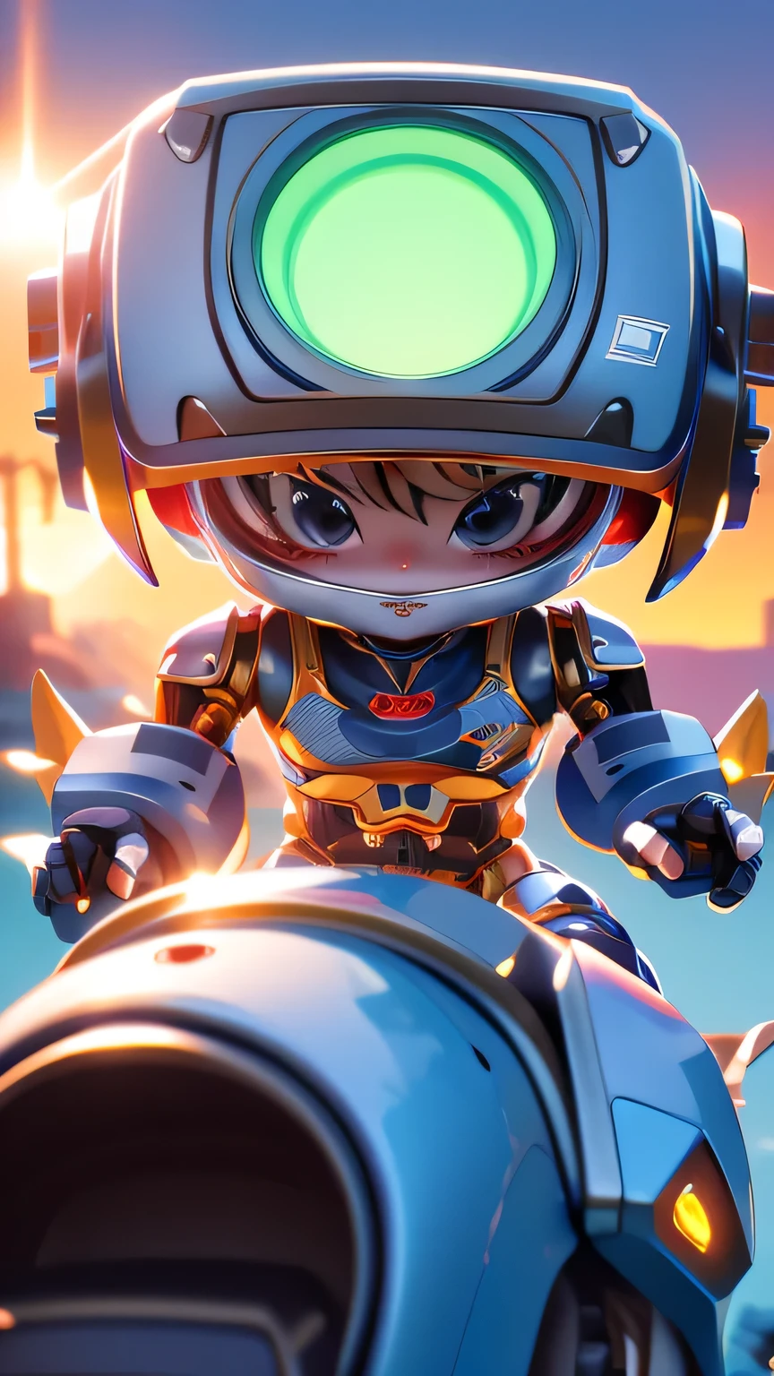 masterpiece, best quality, ultra-detailed, illustration,volumetric lighting, lens flare, racing2014, (robot loli:1.2), cute face, (metal skin:1.1)