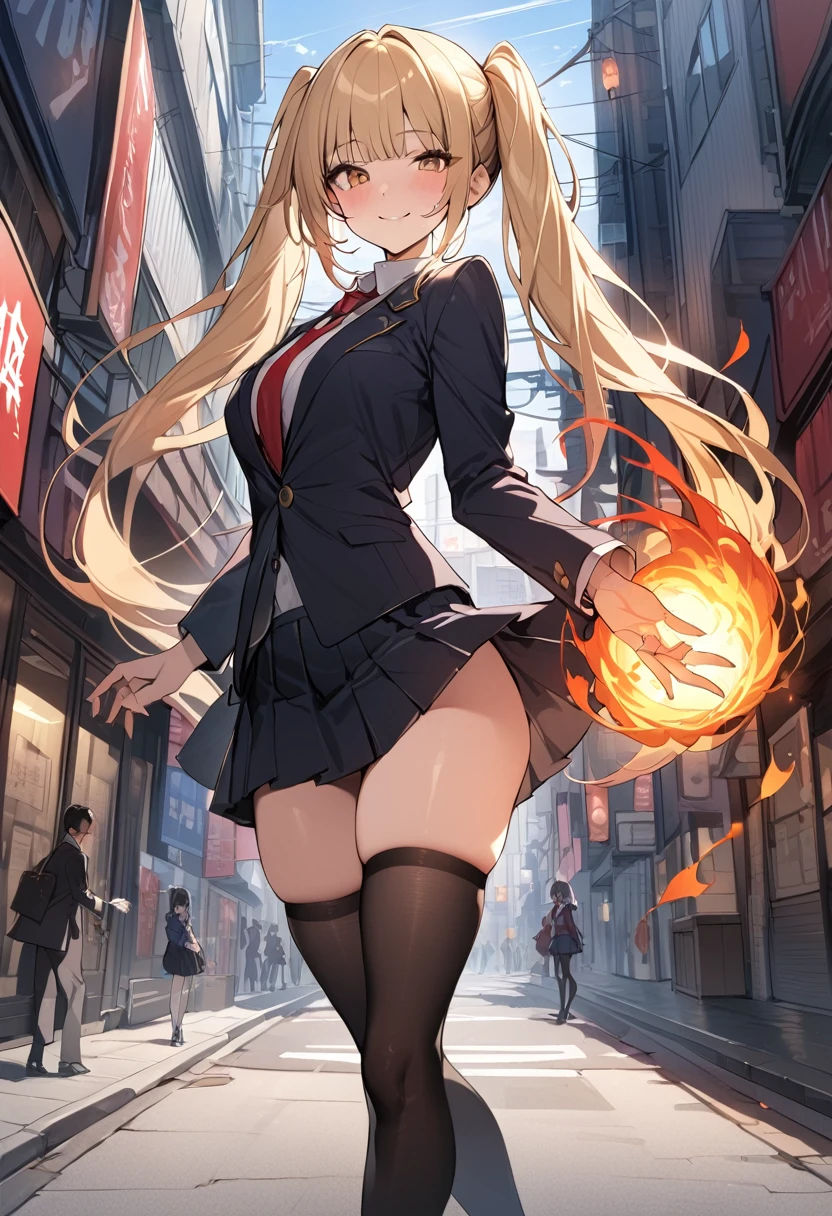 ((masterpiece,best quality anime,Highest quality:1.3)),cowboy shot,Mature Beauty,Female Wizard、独奏,1woman,((very small head:1.3)),((ideal ratio body proportions:1.2)),blonde hair,high twin tails,straight long hair,bangs,gorgeous eyes,brown eyes,smile,(School uniform、Black blazer jacket、Red tie、Black pleated mini skirt),black_thighhighs,((slender body,skinny)),medium breasts,gleaming skin,shiny skin,Use magic、A ball of fire floating at your fingertips、standing,on street,Shibuya、Tokyo、A modern magical fantasy world、