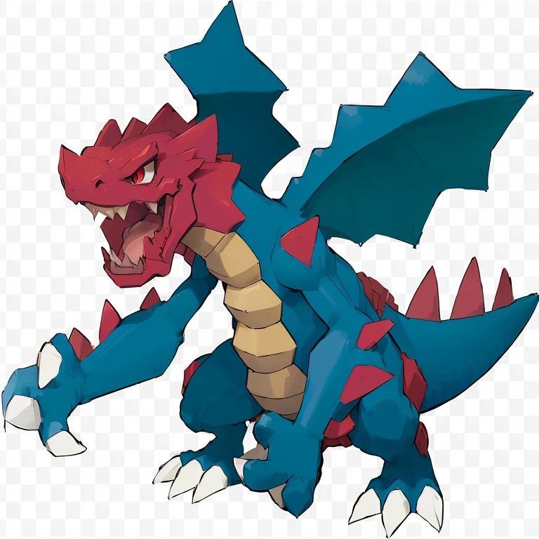 a cartoon image of a blue and red dragon with a big tail, style of pokemon, new pokemon, a red dragon, similar to pokemon, fire type, red dragon, illustration pokemon, charizard, guggimon, blue scaled dragon, pokemon art style, high detailed official artwork, legendary dragon, colossal dragon as background, for pokemon red and blue, blue dragon