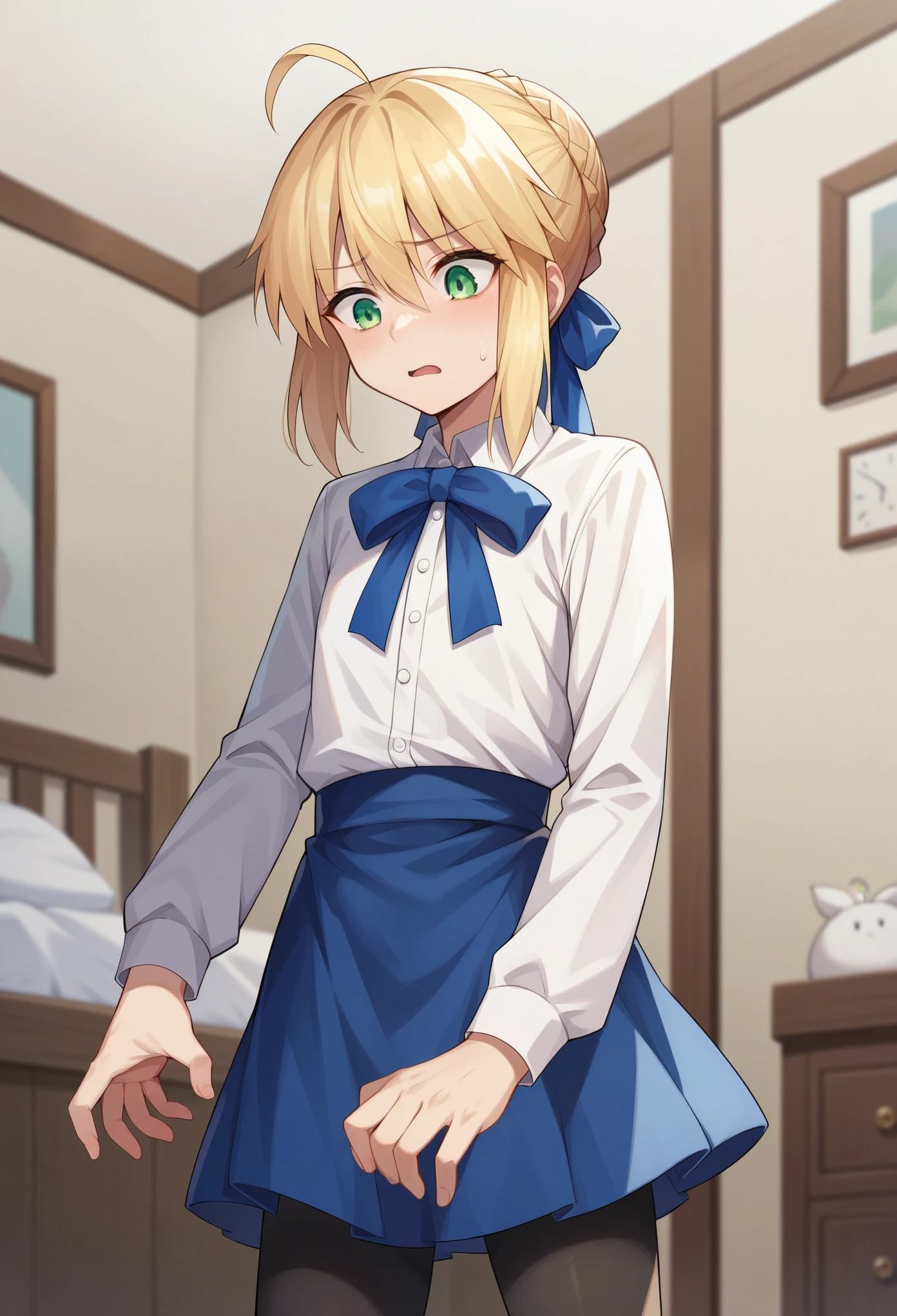 score_9,score_8_up,score_7_up, 1girl, solo, flat chest, character: artoria_pendragon_(fate), character: saber_(fate), green_eyes, hair_between_eyes, blonde_hair, short_hair, single_hair_bun, ahoge, braid, braided_bun, hair_bun, hair_ribbon, sidelocks, shirt, white_shirt, blue_ribbon, long_sleeves, ribbon,blue_skirt, (black pantyhoses), shocking, shocked face, stiff hands, standing, looking down, indoor, bedroom
