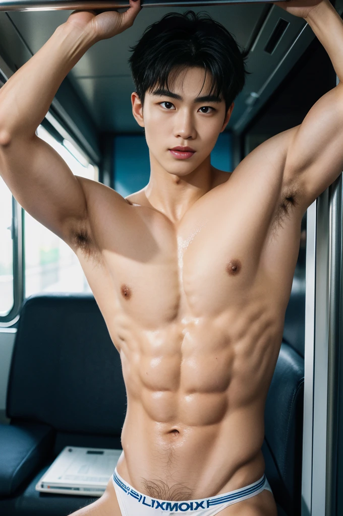 Amazing train scenery, in the middle of crowded inside the train, inside train on the background, crowded people, he wore a very small transparent thong covering half of his big hard dick, dickprint, Sweat dripping all over the body, sweat covering all over the body, Full body photo, wearing Very tiny thong, Proudly showing off his sweaty very hairy armpits to audience in music concert area, completely naked just wearing thin Tiny white thong, boy, very young boy, Cinematic soft lighting illuminates a stunningly detailed and ultra-realistic handsome korean male supermodel, ultra messy curly hair, clear honey eyes, captivating perfect smile, sensual, hot man, insanely handsome, showing off his sweaty body, very sixpack muscular body build, slender, toned, full body, 8k, photography, masterpiece, detailed face, detailed eyes, sexy, beautiful abdomen and beautiful legs and a detailed big hard bulge, expression of ecstasy, excited, slim, detailed eyes and lips, sixpack and fit body. Image quality is of the highest standard, with ultra-detailed features and a realistic appearance. The colors are bright and vibrant, enhancing the overall aesthetic. The lighting is soft and natural, casting a soft glow on the boy, don't merge body's