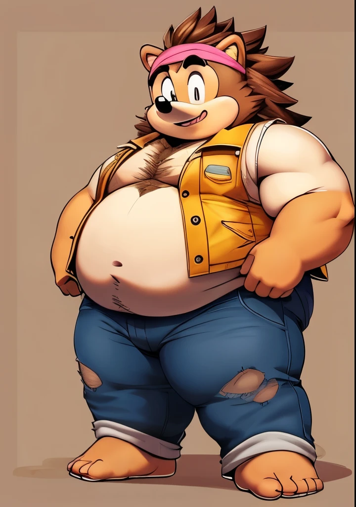 solo，male people，chubbiness，， solo，  tmasterpiece，Correct body proportions，overweight，hedgehog，Shattered beard，Round glasses，brown hair，Yellow  vest ，Pink headband，jeans，naked,foir