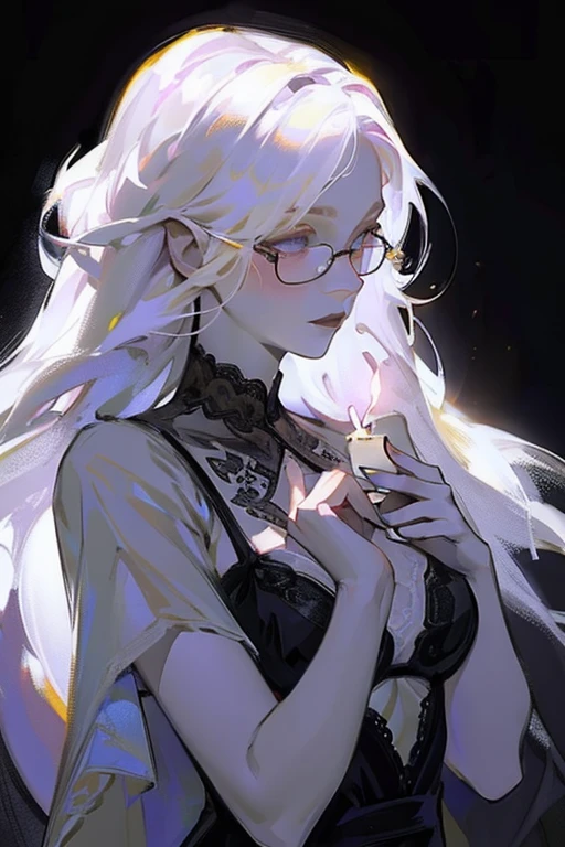 Cute 18 yo (albino:1.4)woman of Slavic descent.(short:1.1), long white hair, gray eyes, ((very pale:1.4)). Innocent look. Gentle spirit.(virgin), Eyeglasses, mascara,((black sheer lace lingerie and stocking)),(joy),(love), candle lit room, special night.(aroused).Masterpiece, (highly detailed:1.2),(detailed face and eyes:1.2), 8k wallpaper, Moody lighting. core shadows, high contrast, bokeh.