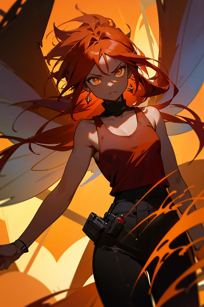 fairy, woman, fairy wings, dark skin, red hair, long hair, orange highlights, yellow horns, red aura,serious face, light yellow eyes, cowboy shot, black tanktop, black pants, red earrings, standing in front of camera, staring at camera, forest background, african american, black skin, red jacket, mature woman,faced towards camera,