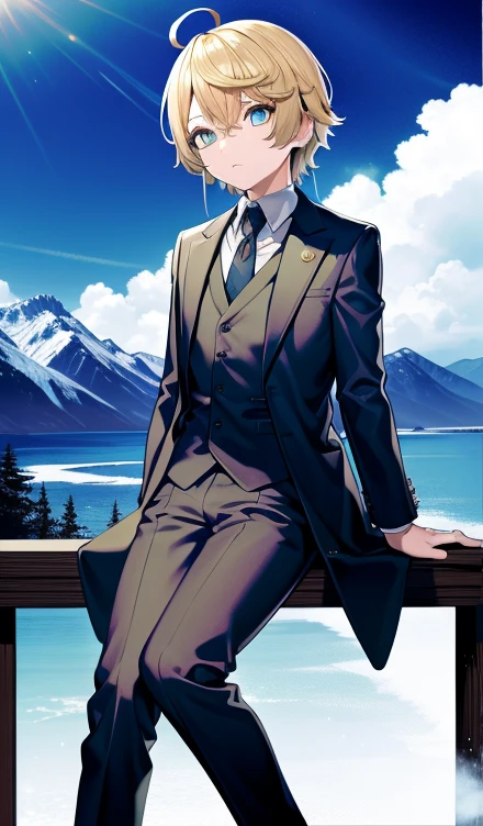 Best Quality、masutepiece、Ultra-detailed、face perfect、Extremely detailed、Extremely delicate、1 boy, (cute little), Angel, lightblue hair、half up、place々Blue Mesh、blue and yellow gradient eyes、Noble attire、Black coat、gray collared shirt、Black pants、snow mountains、snow blowing