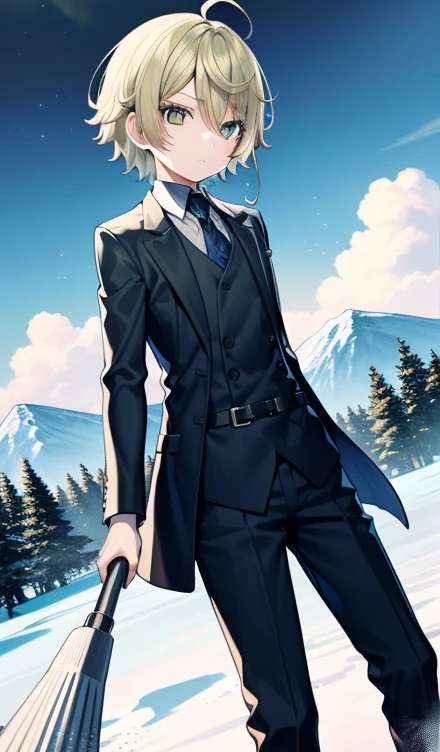 Best Quality、masutepiece、Ultra-detailed、face perfect、Extremely detailed、Extremely delicate、1 boy, (cute little), Angel, lightblue hair、half up、place々Blue Mesh、blue and yellow gradient eyes、Noble attire、Black coat、gray collared shirt、Black pants、snow mountains、snow blowing