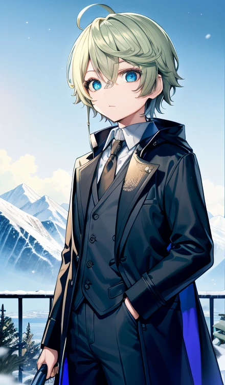 Best Quality、masutepiece、Ultra-detailed、face perfect、Extremely detailed、Extremely delicate、1 boy, (cute little), Angel, lightblue hair、half up、place々Blue Mesh、blue and yellow gradient eyes、Noble attire、Black coat、gray collared shirt、Black pants、snow mountains、snow blowing