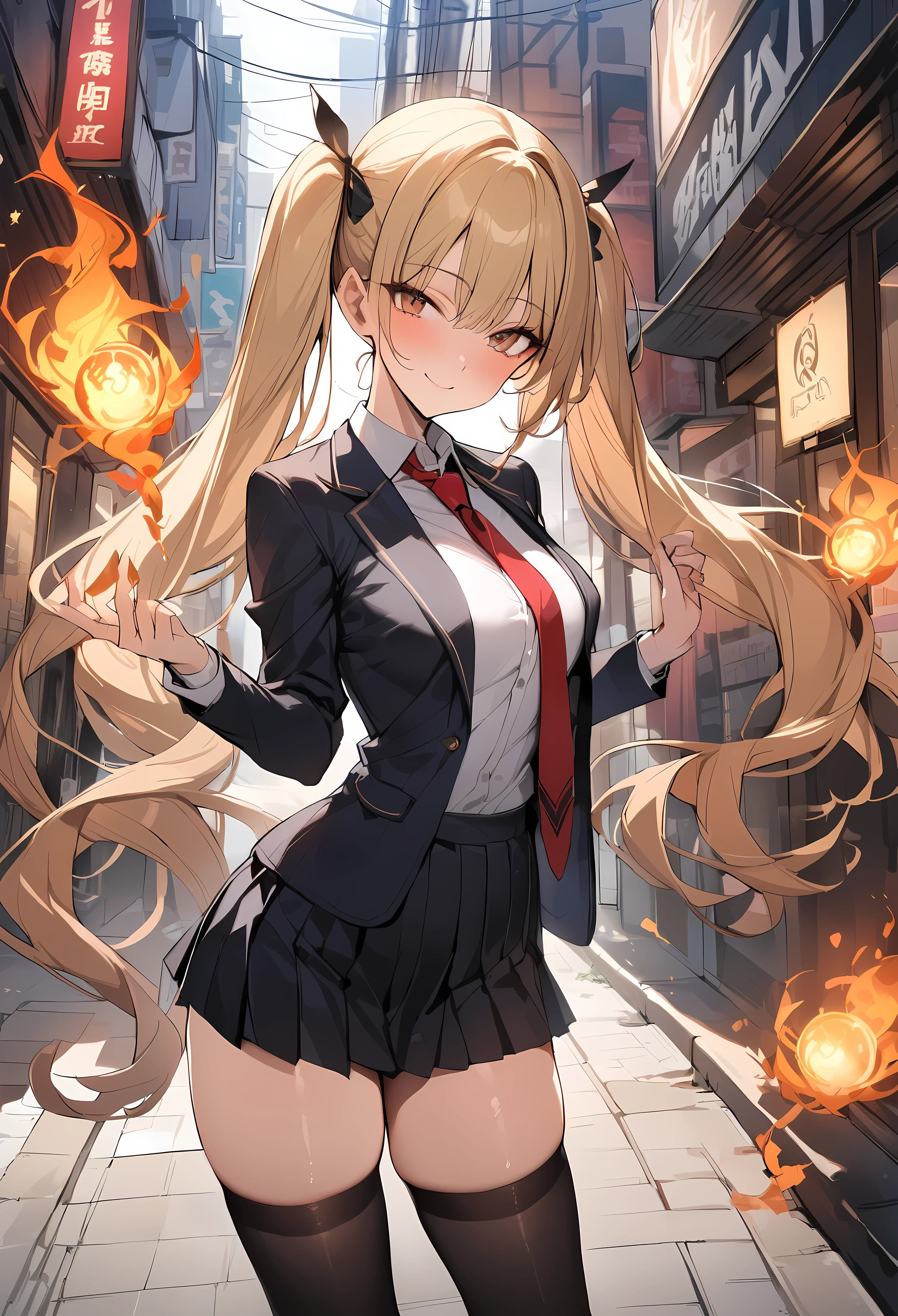 ((masterpiece,best quality anime,Highest quality:1.3)),cowboy shot,Mature Beauty,Female Wizard、solo,1woman,((very small head:1.3)),((ideal ratio body proportions:1.2)),blonde hair,high twin tails,straight long hair,bangs,gorgeous eyes,brown eyes,smile,(School uniform、Black blazer jacket、Red tie、Black pleated mini skirt),black_thighhighs,black hair ties,((slender body,skinny)),medium breasts,gleaming skin,shiny skin,Use magic、A ball of fire floating at your fingertips、standing,on street,shibuya、Tokyo、A modern magical fantasy world、