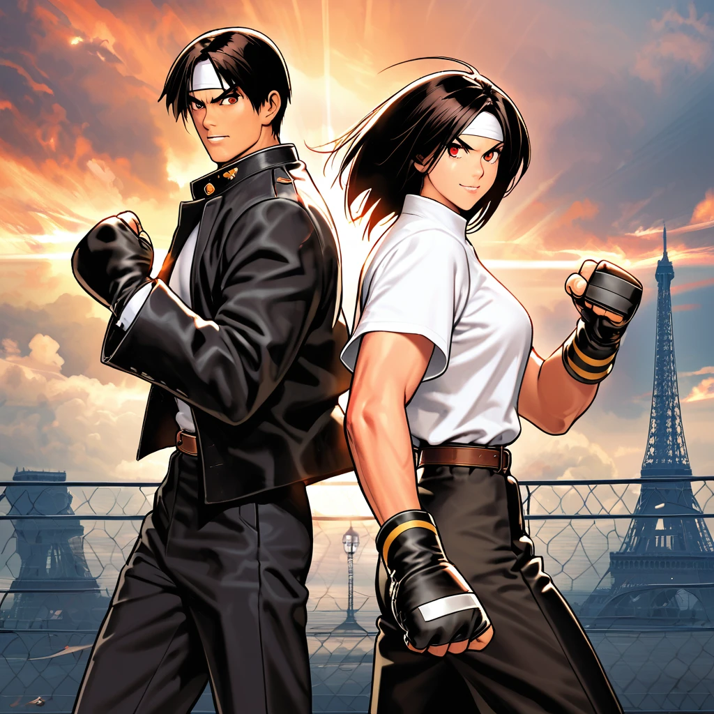 masterpiece、2 people、fight前の男女、One to One、最high resolution、8k、With a grin、Fighting Pose、fight: 1.5,(Kyo Kusanagi), Man has black skin、Red eyes、One person、((White headband))ツーshot、Black jacket(Roll up your sleeves)、Fingerless gloves、Black Hair、White T-shirt、Black pants、White shoes、Brown belt、boyish、good looking、shot、Charming、masterpiece、high resolution、Detailed face、granular、morning、A confident smile、Man and woman fighting against the backdrop of the Eiffel Tower in Arleuch-air-laden cheer、Same hair、Same hairと服、Angry face: 1.Attack Speed 5, Fast Attack, Angry face, Angry face