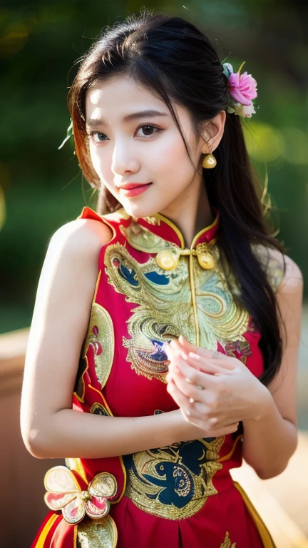 creates a full body photograph of a beautiful 22 year old oriental girl, perfect silhouette, (Whole body:1.2), (((chinese traditional dress))), intricate details, vibrant colors, cinematic lighting, (Best Quality,4k, 8k ,High resolution, masterpiece:1. 2), realist, fotorrealist:1.37) (by the wide: 1.2), Highly detailed facial and skin texture, detailed eyes, double eyelid job, , Sincere smile ((Best Quality, 8k, masterpiece :1. 3)), (sharp focus :1.2), , (natural light, :1.1), Detailed face, Beautiful and detailed eyes, Beautiful and detailed lips, long eyelashes, (((pose frontal))), intricate details, vibrant colors, cinematic lighting, (Best Quality,4k,8k,High resolution, masterpiece:1.2), ultra detailed