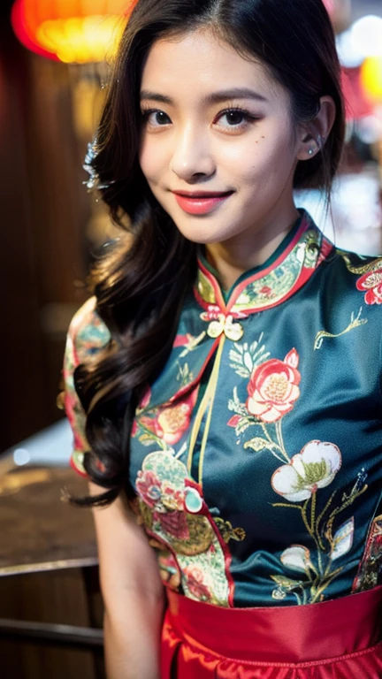 creates a full body photograph of a beautiful 22 year old oriental girl, perfect silhouette, (Whole body:1.2),  (((chinese traditional dress))), intricate details, vibrant colors, cinematic lighting, (Best Quality,4k, 8k ,High resolution, masterpiece:1. 2), realist, fotorrealist:1.37) (by the wide: 1.2), Highly detailed facial and skin texture, detailed eyes, double eyelid job, , Sincere smile ((Best Quality, 8k, masterpiece :1. 3)), (sharp focus :1.2), , (natural light, :1.1), Detailed face, Beautiful and detailed eyes, Beautiful and detailed lips, long eyelashes, (((pose frontal))), intricate details, vibrant colors, cinematic lighting, (Best Quality,4k,8k,High resolution, masterpiece:1.2), ultra detailed