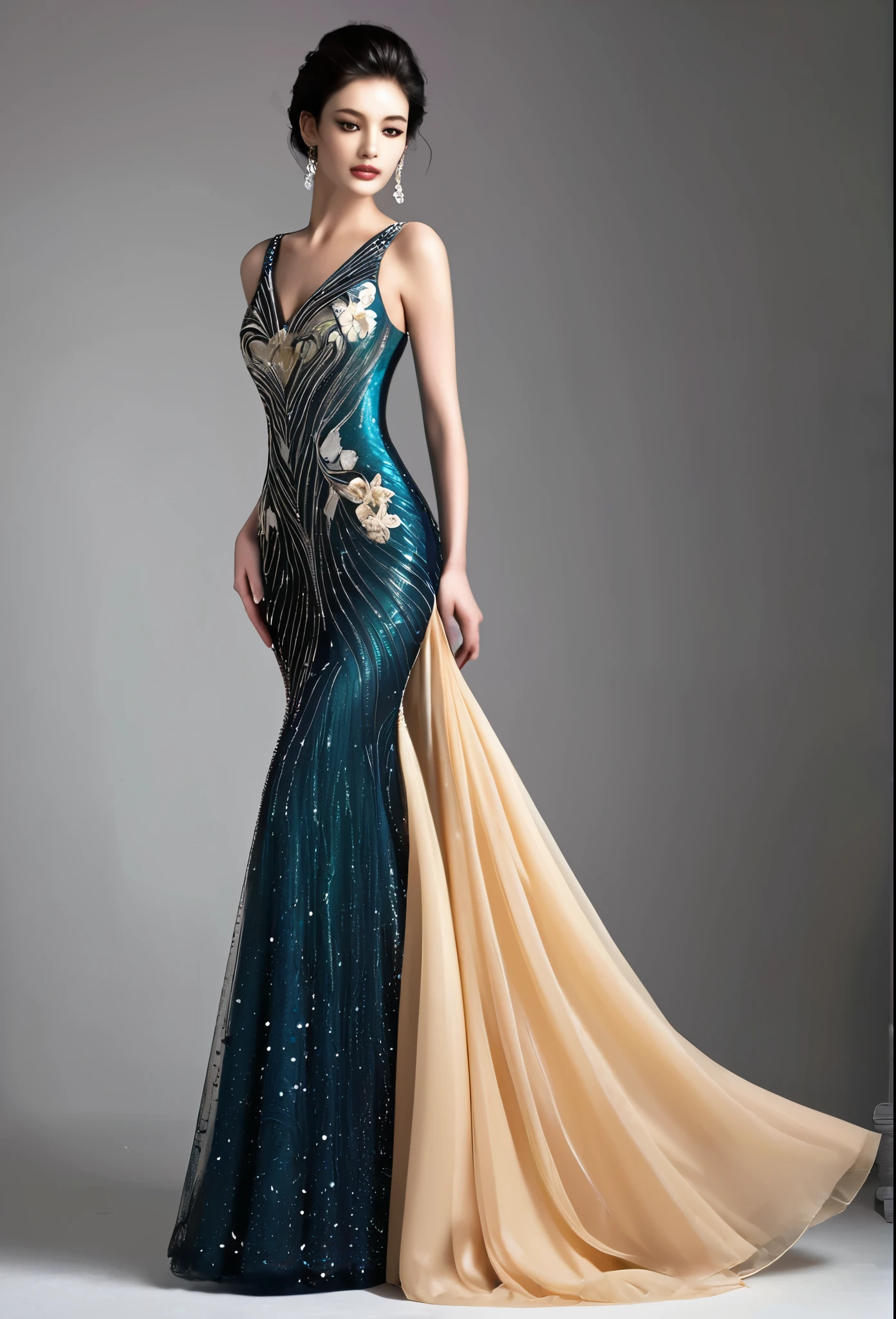 Design a long, fishtail, sparkling evening dress for a model to wear. Fashion design. 