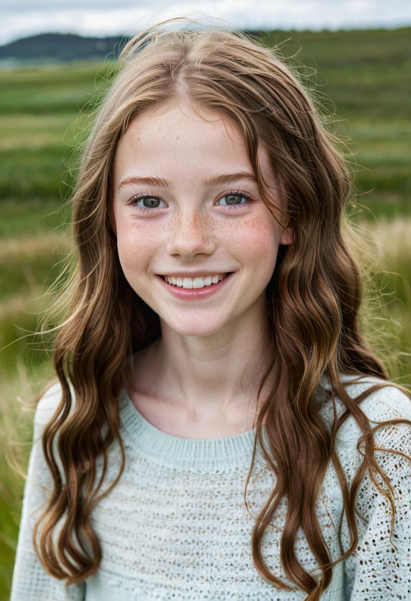 full body shot, a beautiful skinny teenager, 13 years old, Danish, freckles, pale skin, big smile, ruby eyes, long wavy light brown hair, thin face, natural makeup, hyperdetailed photography, soft light, outdoor, Danish landscape, nordic light