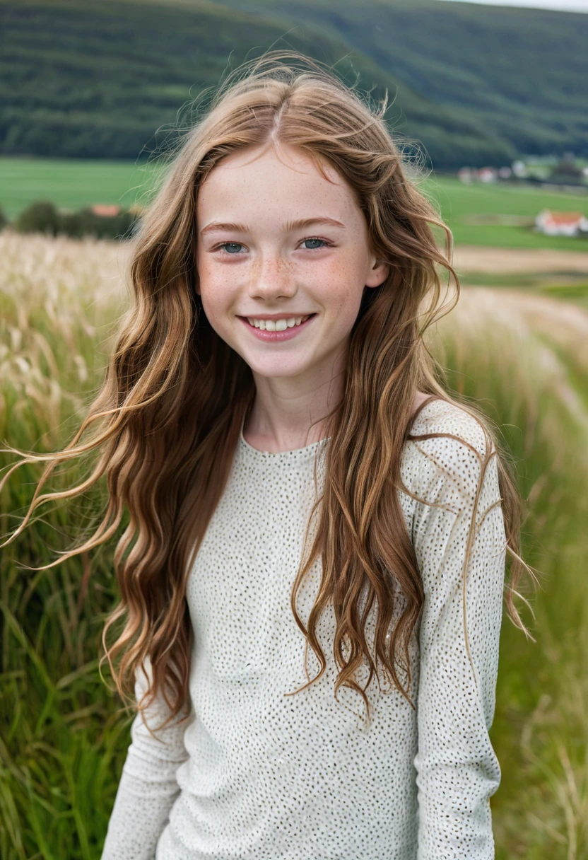 full body shot, a beautiful skinny teenager, 13 years old, Danish, freckles, pale skin, big smile, ruby eyes, long wavy light brown hair, thin face, natural makeup, hyperdetailed photography, soft light, outdoor, Danish landscape, nordic light