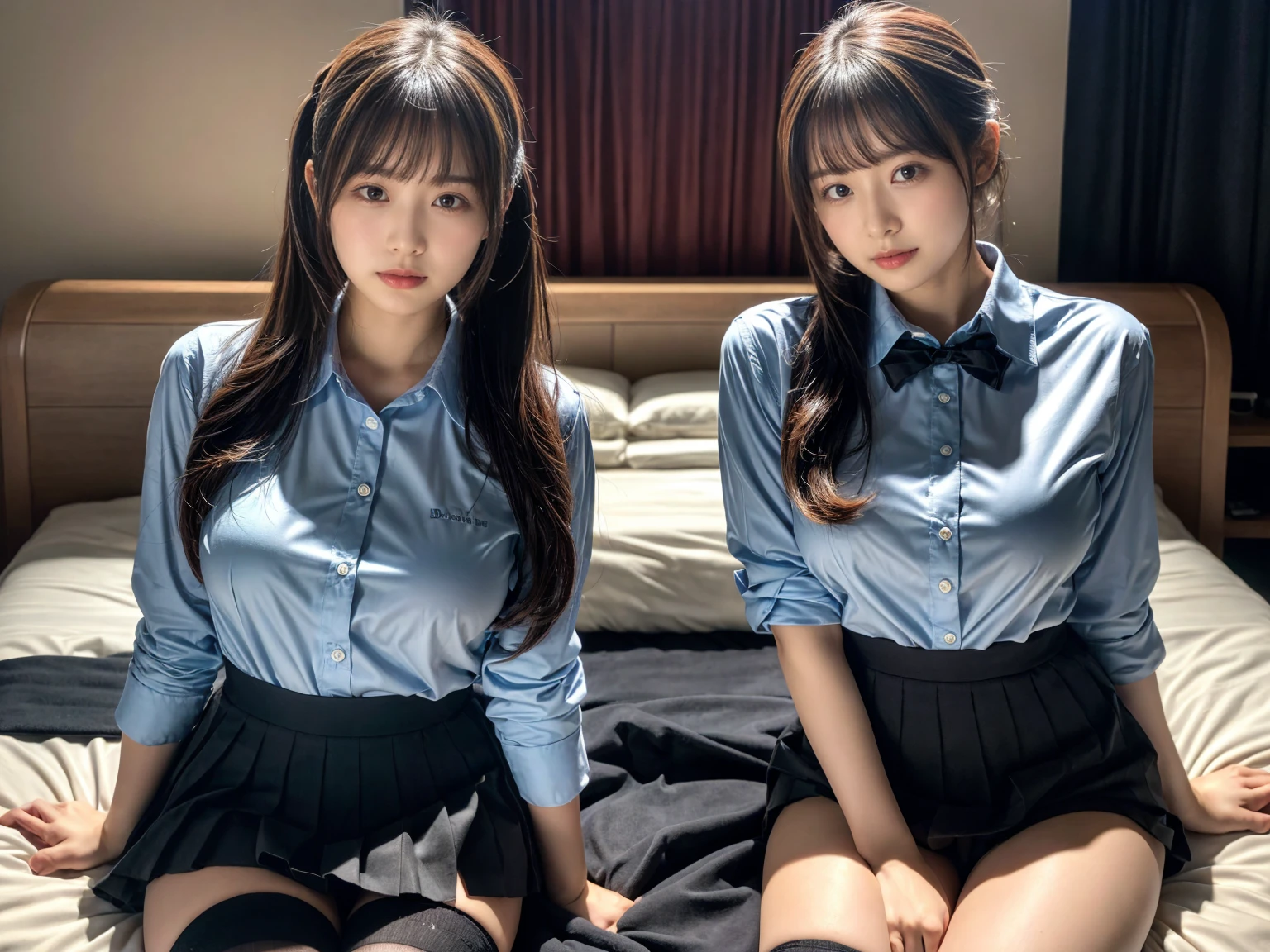 (8K, RAW Photos, Highest quality, masterpiece:1.2), (professional photography, full colors, studio-caliber color grading), (Gravure quality for high-end fashion magazines), (2 girls), BREAK,18 year old girl, (fluffy ponytail:1.2), Big Natural Color Lip, Plumpy body, (smooth skin:1.1), huge breasts, BREAK, (collared shirt:1.1), pleated skirt, knee high socks, BREAK, hotel room, cute , ta