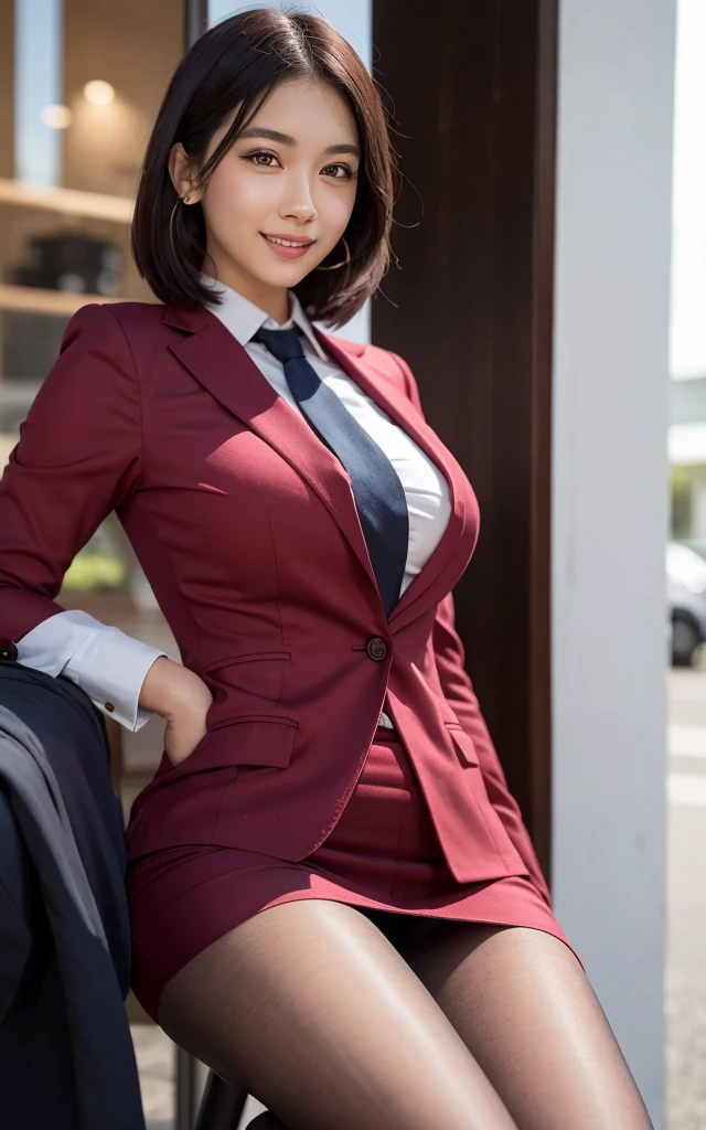 girl, Hyper Realistic, masterpiece, smile, portrait, bobhair, skirt suit, dress shirt, red necktie, blazer, bodycon miniskirt, pencil skirt, tights, pantyhose