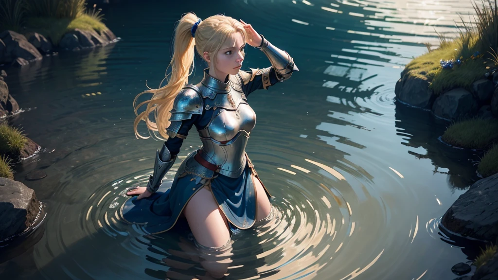 ultra high quality, a female knight is kneeling in shallow water, water ripples around her. She raises her arms and offers her sword in open hands, blonde hair tied to a ponytail wit a red ribbon, blue eyes