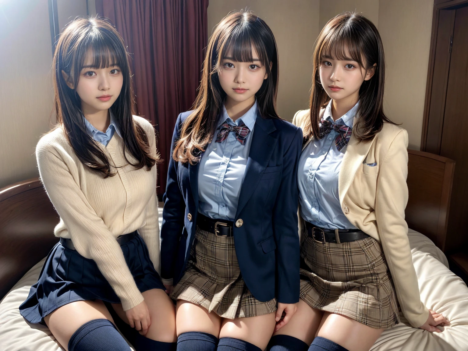 masterpiece, best quality, illustration, Super detailed, fine details, High resolution, 8K,wall paper, perfect dynamic composition,(Details High quality, realistic depiction of eyes:1.3), (2 girls), High school girl uniform、blazer 、Super Short Check Uniform Skirt、Navy blue high socks、garterbelts、Colossal tits, sitting, open legs, short bob hair, in a hotel room in the background, deep on field, large breasts, black hair color, Big Natural Color Lip, (perfect body shape), crying a little、Harajuku style、20 year old girl、cute type、beautiful legs, Gravure Idol
