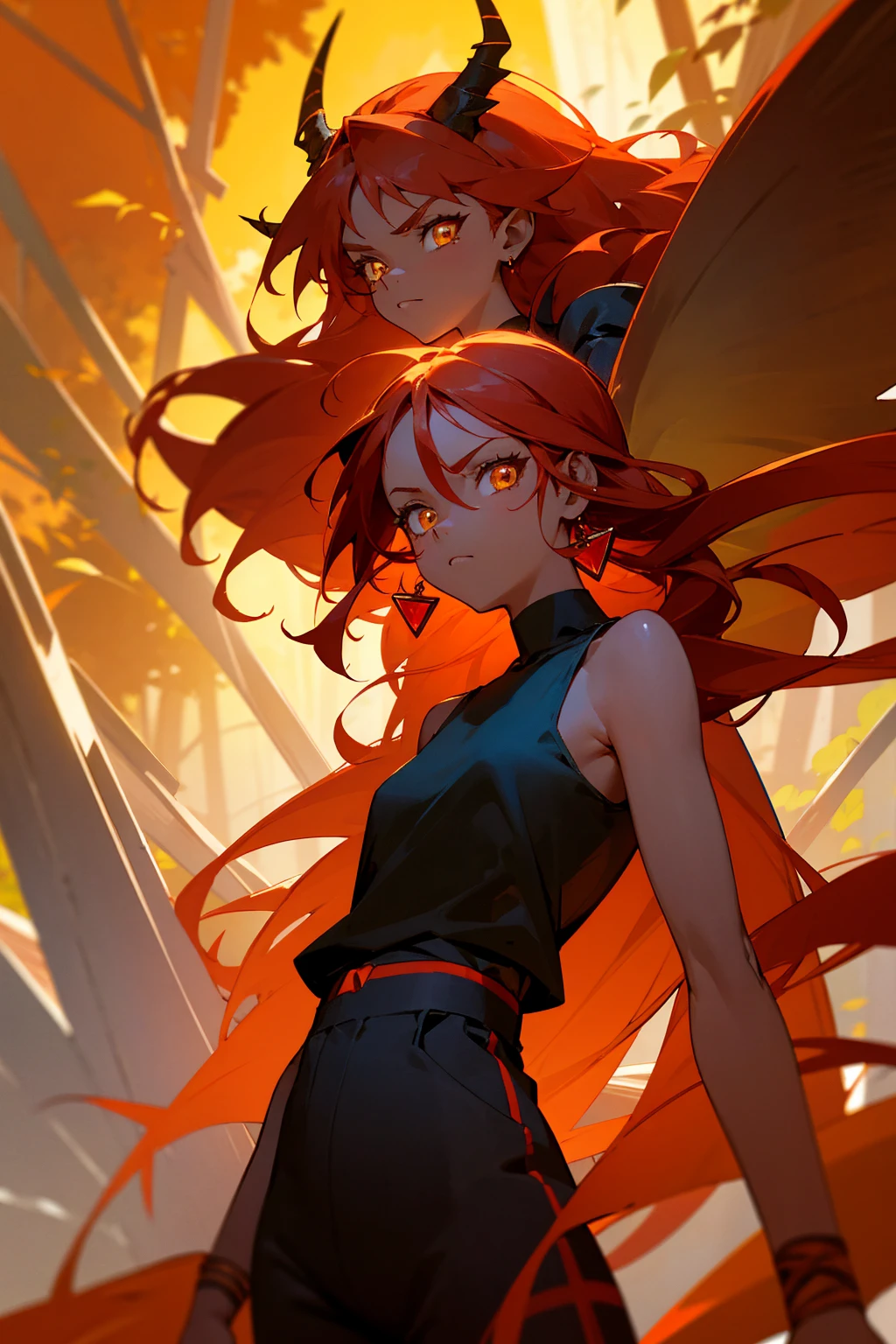 fairy, woman, fairy wings, dark skin, red hair, long hair, orange highlights, yellow horns, red aura,serious face, light yellow eyes, cowboy shot, black tanktop, black pants, red earrings, standing in front of camera, staring at camera, forest background, african american, black skin, red jacket, mature woman,faced towards camera,
