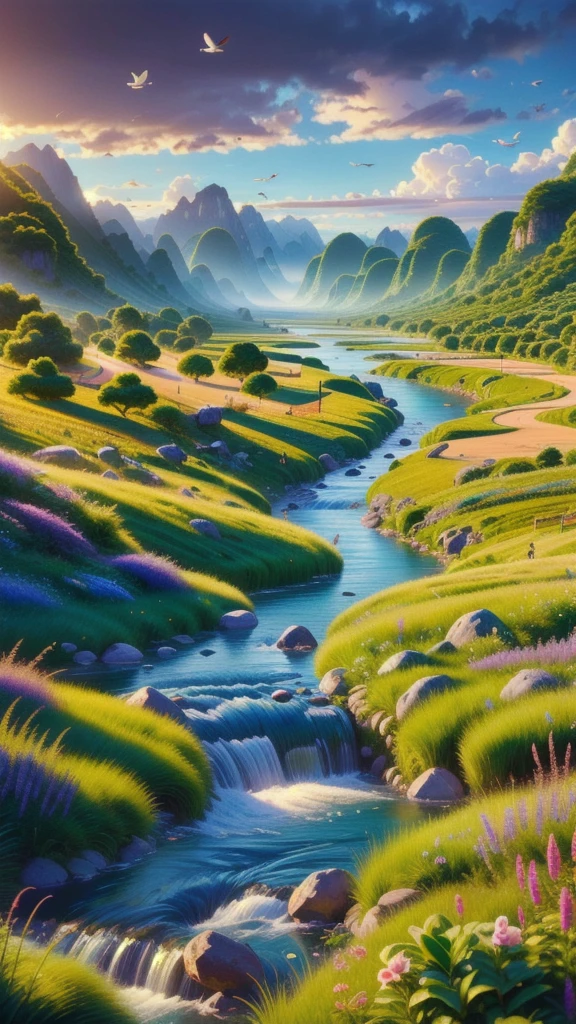 **Physical Profile of a Realistic Landscape**

- **Location:** mountainous region, situated in the heart of a vast green valley.
- **topography:** Rolling terrain with majestic peaks in the background, varying in height from 1.500 a 2.500 meters. 
- **vegetation:** Dense pine and oak forests in the lower areas, gradually replaced by alpine shrubs and grasses at higher altitudes.
- **Bodies of Water:** Winding rivers cut through the valley, fed by waterfalls that descend from the mountains. Small lakes with crystal clear water dot the landscape.
- **climate:** climate temperado com invernos frios e nevados, mild, rainy summers, and colorful autumns with vibrant foliage.
- **fauna:** Presence of deer, foxyms, bears and a variety of birds, like eagles and owls.
- **独奏:** 独奏 fértil e escuro no vale, ideal for agriculture, becoming rockier and nutrient-poor on steep slopes.
- **paths:** Dirt trails wind through forests and mountains, used by hikers and explorers.
- **Natural Attractions:** Rugged peaks with panoramic views, natural hot springs and unique rock formations sculpted by wind and water. 1080P. 3d. High definition. 