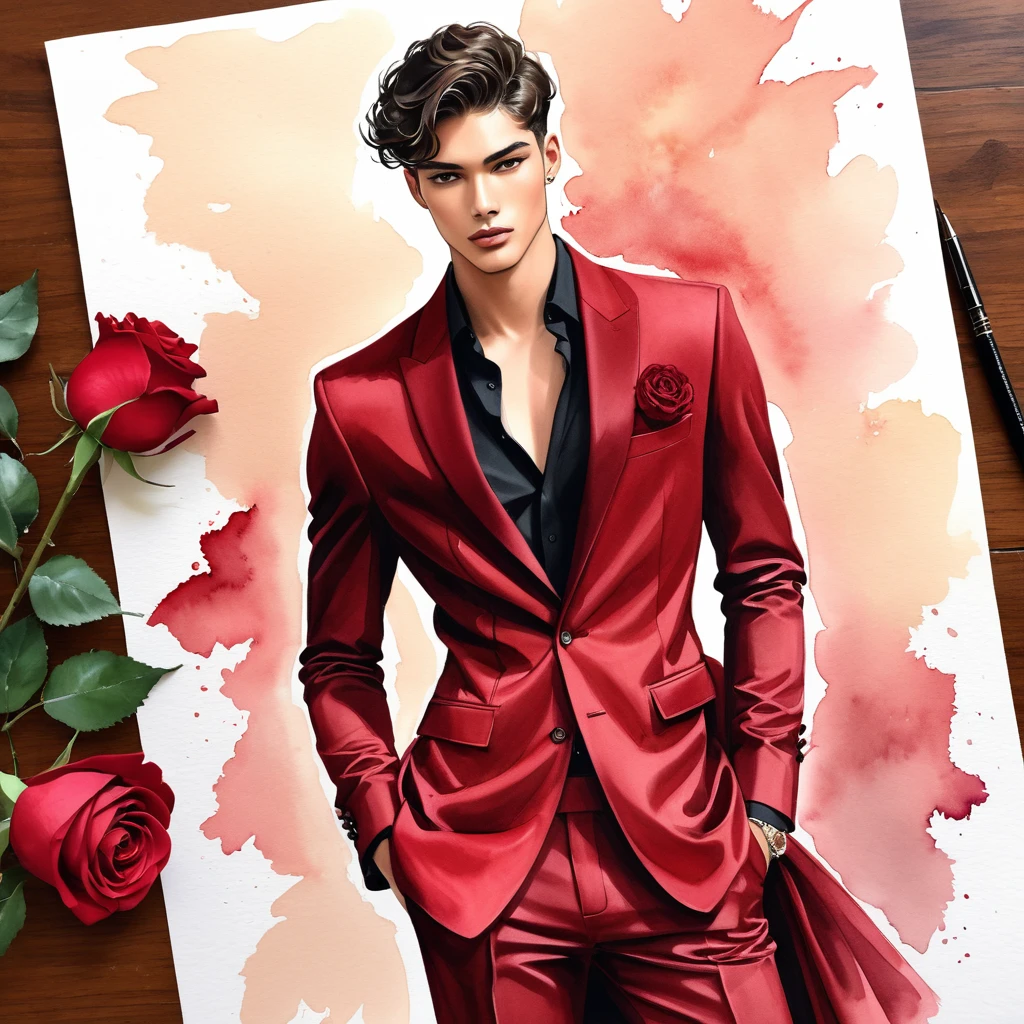 candid fashion illustration of young Mixed race 2man, both aged 18-23 year old, ((showcase fashion look book)), the design inspired by the price rose from David Austin Rose, Depict Lucifer as a charismatic and sophisticated figure dressed in a casual yet elegant deep red outfit. He is a striking presence with an air of mystery and intelligence. He wears a well-fitted, robe over a black shirt, with dark stylish shoes. His demeanor is confident and charming, with a subtle hint of his divine origins in his calm and intense gaze. The background should be a modern, urban setting with a blend of sophistication and casualness, Captured in a low angle, ((full-body image)), fashion sketching, realistic drawing, ((imperfect water color drawing background)), fashion look book, fashion illustrator, fashion sketch design, gay, gay couple, The Prince rose, a variety by David Austin, is known for its deep crimson color. The blooms start as dark red buds and open into rich, velvety crimson flowers that can take on a slightly purple hue as they mature. The flowers are full and have a classic rosette shape with a strong, old rose fragrance.