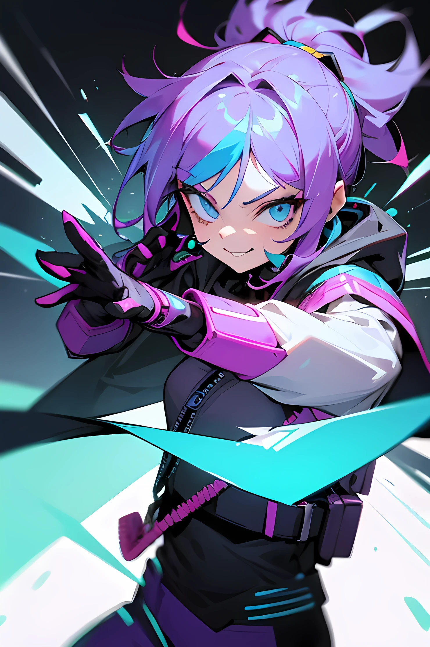 1 girl, badass, cool, energetic, powerful pose, looking at viewer, headset, cool outfit, phonk style, colorful, gamer, relaxed smirk