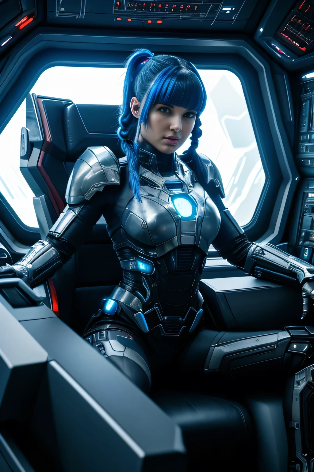 UHD with stunning details, style inspired by Shadow of the Colossus, Mass Effect and Monster Hunter. | A stunning 30-year-old woman wears white cybernetic armor with blue details and black robotic parts, fitted perfectly to her body. Her short blue hair, with two pigtails and bangs over her right eye, adds a touch of uniqueness. Inside an alien aircraft, surrounded by advanced technology, she adopts a dynamic pose, reclining in a captivating manner. The scene is full of large technological alien structures, computers and futuristic windows. The camera, positioned very close, highlights the main character’s entire body. | {The camera is positioned very close to her, revealing her entire body as she adopts a dynamic_pose, leaning back in a dynamic way} | ((perfect_pose):1), ((full body)), ((hands_with_5_fingers):1), ((perfect_fingers):1), ((perfect_legs):1), better_hands, More_Detail.