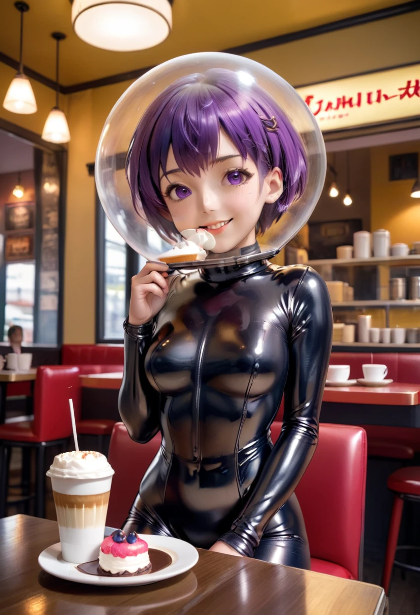  [[[[bubble helmet]]]], space helmet, ahegao, very short hair, eva helm, bondage, misato katsuragi,(purple hair:1.2),, bodysuit, latex, cowboy shot、sharp focus、detailed faces and eyes、(There is a plate of cake and coffee on the table, cafes, sitting on a mocha-colored table, dessert, Miniature Cafe Diorama, diner caffee, in coffee shop, cozy cafe background, enjoying coffee at a coffee shop, sitting in a cafe, shot with sony alpha 1 camera, 、Sharp pupils、Realistic pupils、beauitful face、18 year old beautiful girl、shinny skin、Medium Short、Put your right hand on your cheek、(looking happy smile:1.2)、