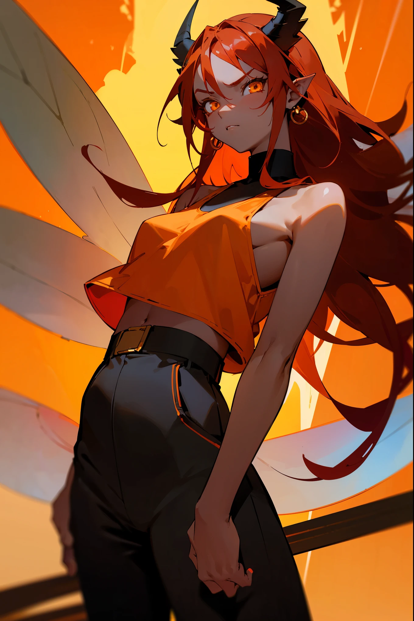 fairy, woman, fairy wings, dark skin, red hair, long hair, orange highlights, yellow horns, red aura,serious face, light yellow eyes, cowboy shot, black tanktop, black pants, red earrings, standing in front of camera, staring at camera, forest background, african american, black skin, red jacket, mature woman,faced towards camera,