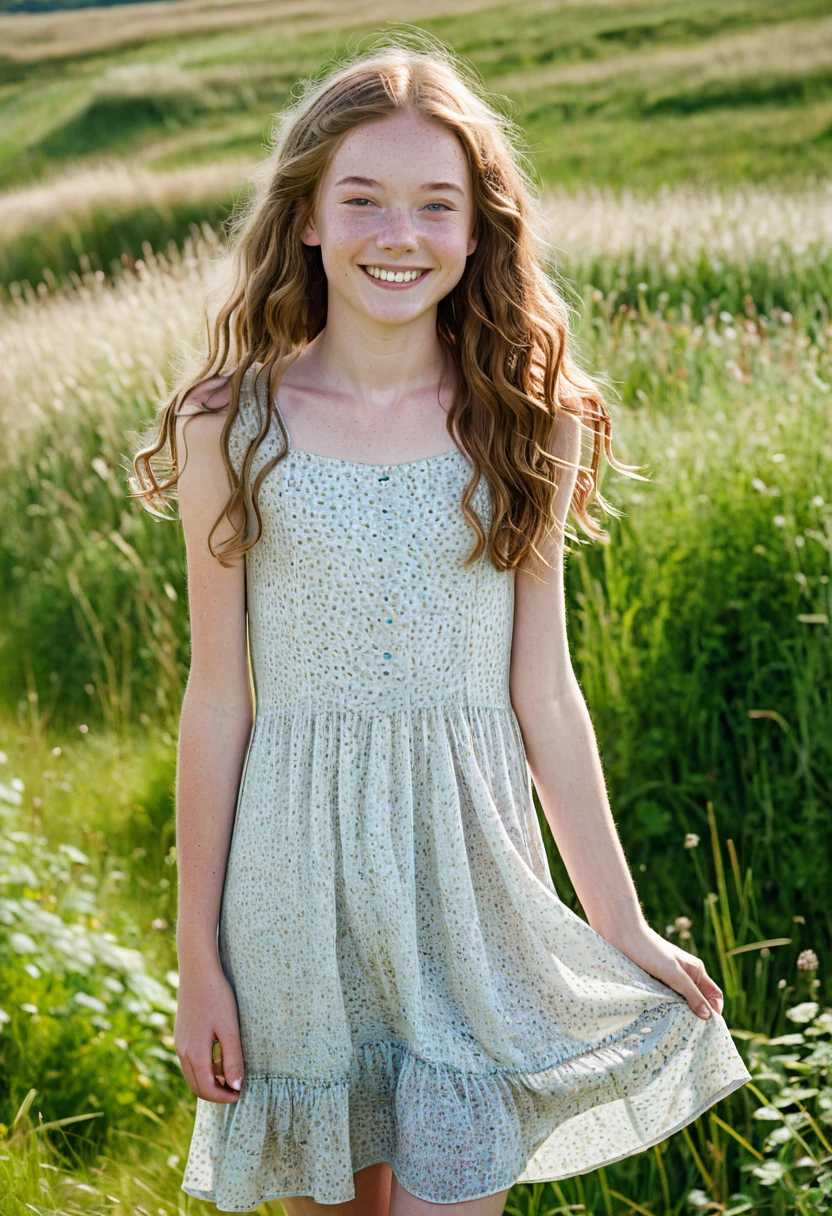 full body shot, a beautiful skinny teenager, 13 years old, Danish, freckles, pale skin, big smile, ruby eyes, long wavy light brown hair, thin face, natural makeup, wearing a light summer dress, hyperdetailed photography, soft light, outdoor, Danish landscape, nordic light, summer