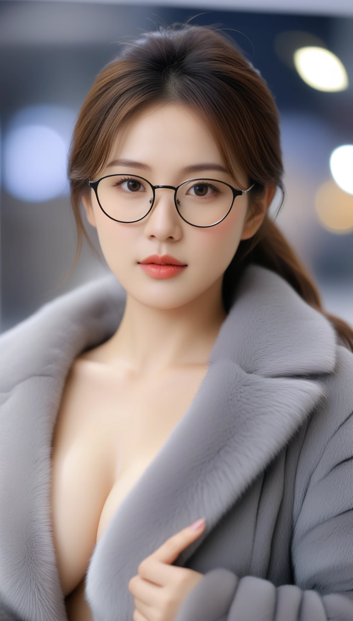 close-up of beautiful beautiful korean female, 34 inch breasts size, wearing gray fur coat, glasses, bokeh background, UHD