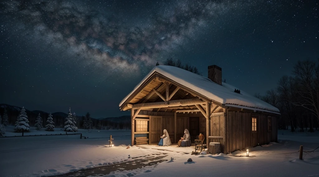 A simple manger in a stable, with Mary and Joseph by his side, looking at the newborn Jesus. Shepherds and the Three Wise Men present, with a bright star in the night sky, symbolizing divine birth.