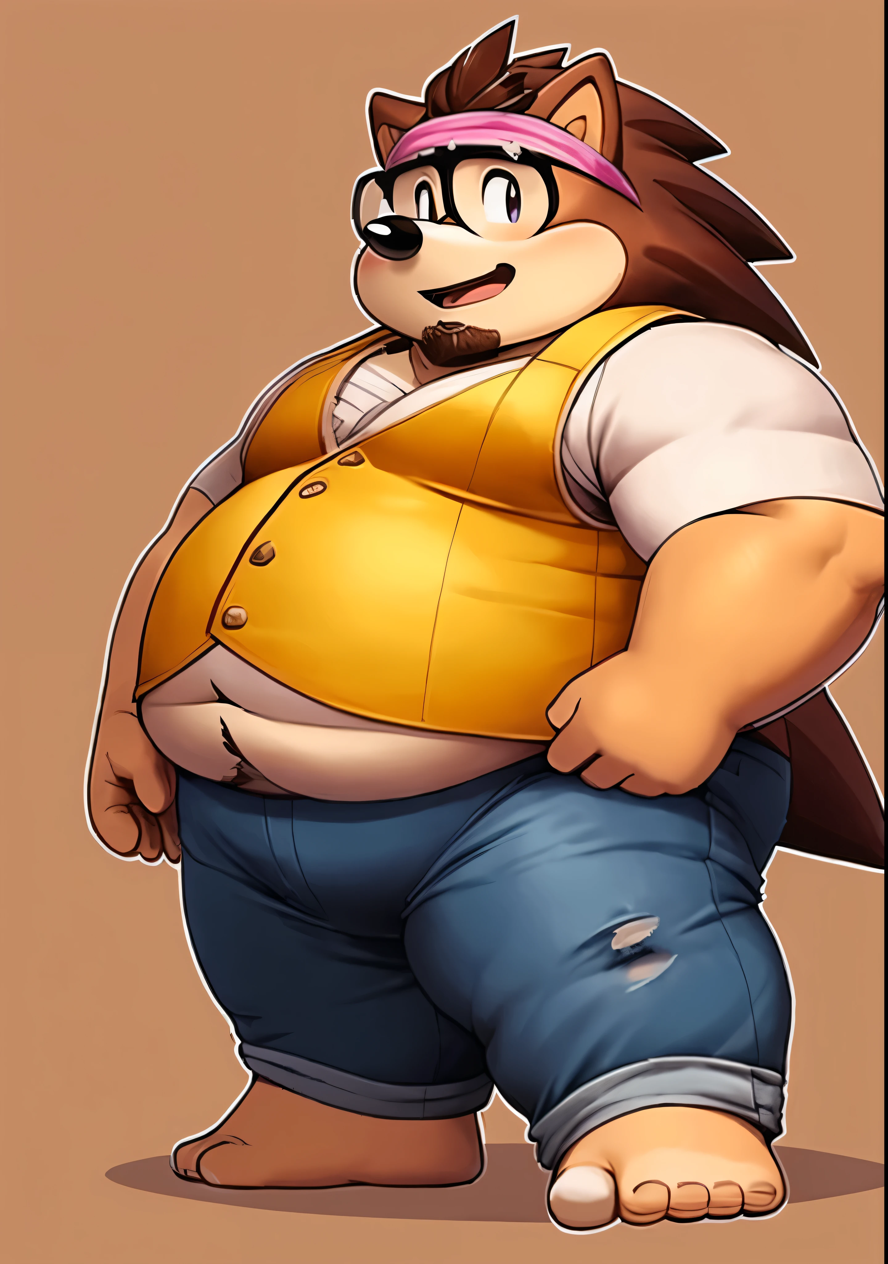 solo,male people,chubbiness,, solo, tmasterpiece,Correct body proportions,overweight,hedgehog,Shattered beard,Round glasses,brown hair,Yellow vest ,Pink headband,jeans,naked,foir,Exquisite eyes