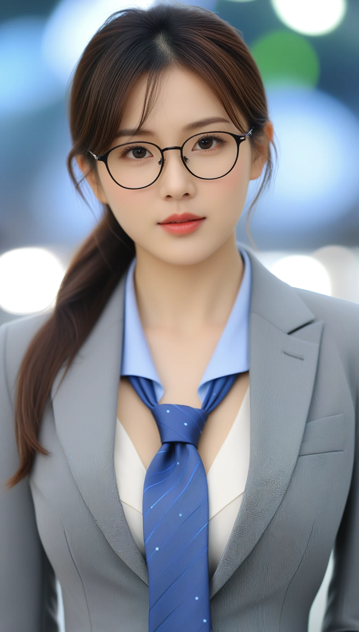 close-up of beautiful beautiful korean female, 34 inch breasts size, wearing gray suit, glasses, blue necktie, bokeh background, UHD