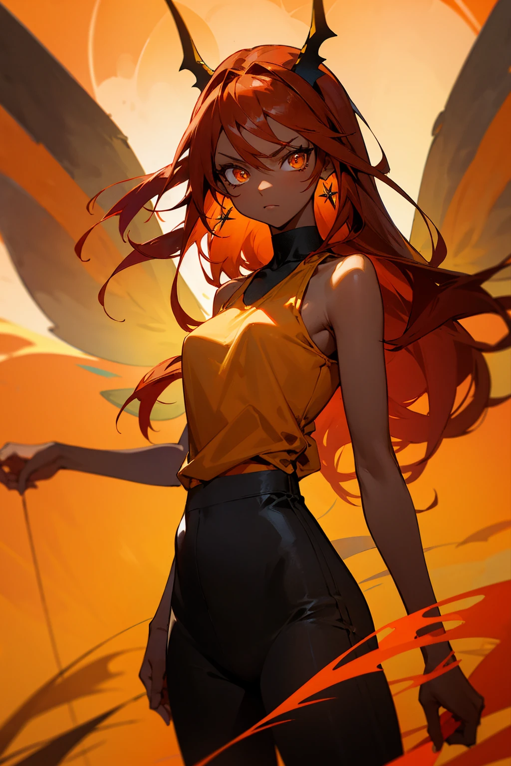 fairy, woman, fairy wings, dark skin, red hair, long hair, orange highlights, yellow horns, red aura,serious face, light yellow eyes, cowboy shot, black tanktop, black pants, red earrings, standing in front of camera, staring at camera, forest background, african american, black skin , mature woman,faced towards camera, red jacket, black leggings
