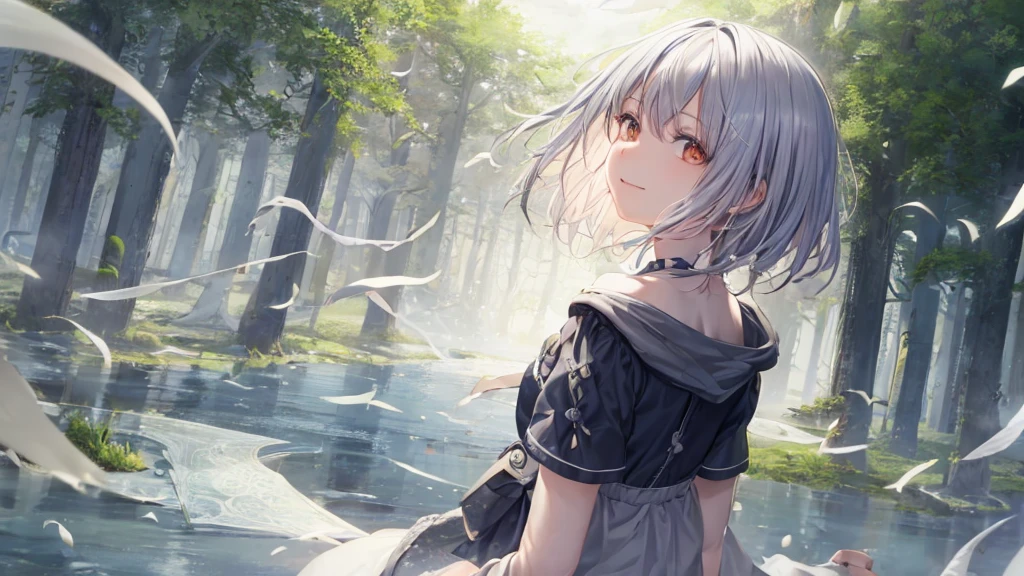 Ultra HD,Look at the viewers, Put your hands behind your back, With a girl, 20-year-old, 非常にShort Hair, Long bangs between the eyes, Pale blue eyes, Very detailed,(masterpiece、Highest quality),Gray Hair、Laughter、Fantastic, Silver Hair, Iris, Short hair、 Fluttering Hair、Small Face、明るいsmile、(Detailed face) ,Professional Lighting,Wonderful landscape,blue sky, sunlight,Looking down from above,Portraiture、Open your mouth、Flower Field、Her eyes were shining、Mysterious and enchanting atmosphere。With AI Painting、とてもShort Hair, Long bangs between the eyes, Very detailed,(masterpiece、Highest quality)、alone、Gray Hair、Fantasy, Silver Hair, Fantasyな風景、smile、Open your mouth、short hair、Short Hair、hairpin、black eye、Grey Eyes、Beautiful Eyes、Black Shirt、White hoodie