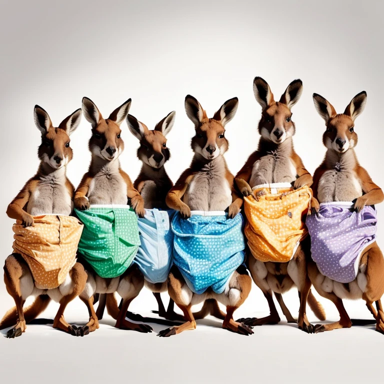 several kangaroos with diapers on their backs standing in a line, kangaroos, subject : kangaroo, subject: kangaroo, kangaroo, spy kangaroo, australian, australia, 3 pm, by Elizabeth Durack, 6 pack, comical, pus, in australia, illustration, zootopia stile, zootopia style, illustration!, colourful, awesome, an orgy of colorful