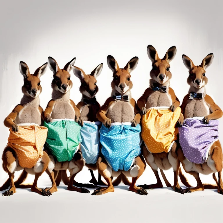 several kangaroos with diapers on their backs standing in a line, kangaroos, subject : kangaroo, subject: kangaroo, kangaroo, spy kangaroo, australian, australia, 3 pm, by Elizabeth Durack, 6 pack, comical, pus, in australia, illustration, zootopia stile, zootopia style, illustration!, colourful, awesome, an orgy of colorful