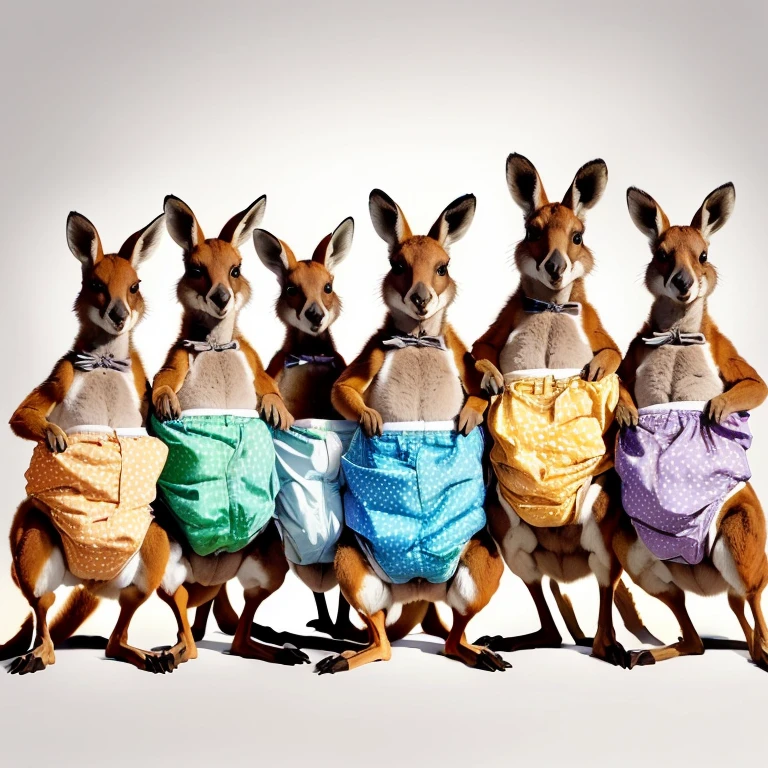 several kangaroos with diapers on their backs standing in a line, kangaroos, subject : kangaroo, subject: kangaroo, kangaroo, spy kangaroo, australian, australia, 3 pm, by Elizabeth Durack, 6 pack, comical, pus, in australia, illustration, zootopia stile, zootopia style, illustration!, colourful, awesome, an orgy of colorful