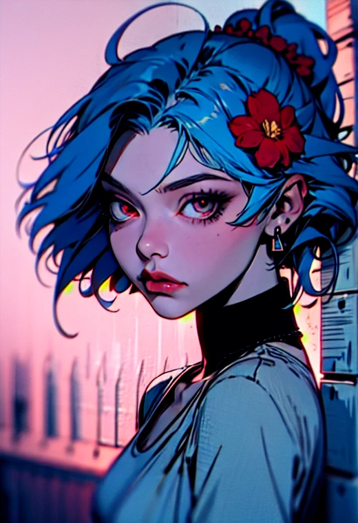 1girl, blue hair, red eyes, looking at viewer, white shirt, upper body, jewelry, diamond earrings, hair flower,