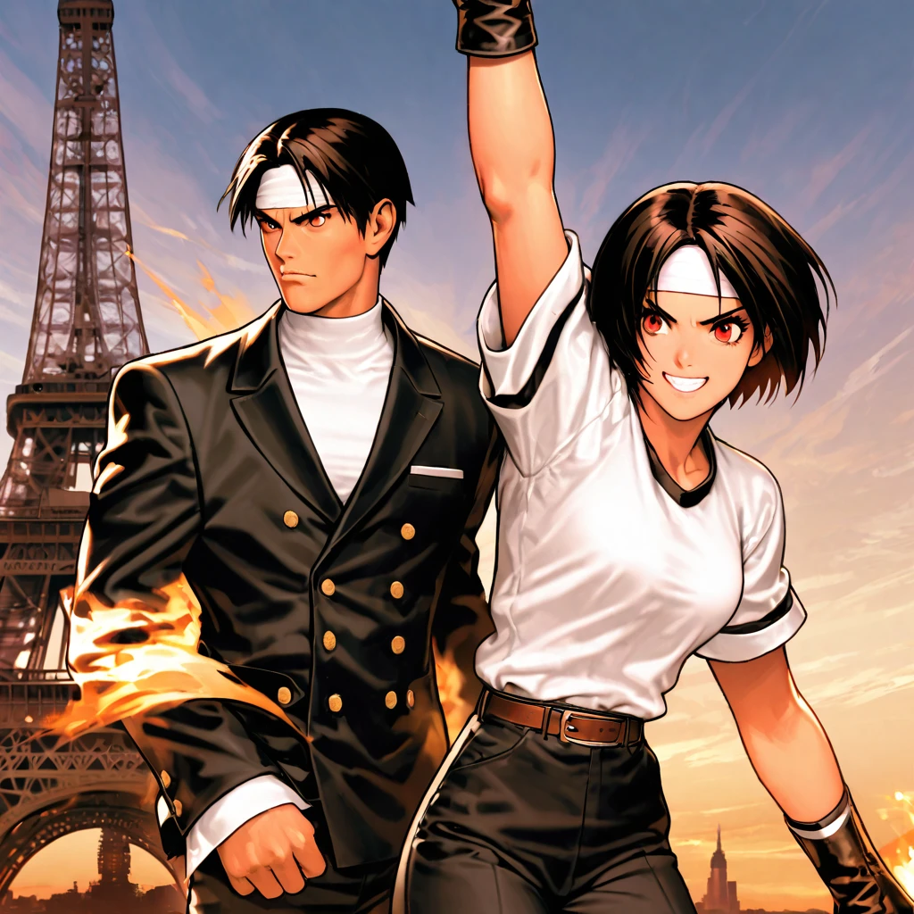 masterpiece、2 people、fight前の男女、glare at each other、One to One、最high resolution、8k、With a grin、Fighting Pose、fight: 1.5,(Kyo Kusanagi), Man has black skin、Red eyes、One person、((White headband))ツーshot、Black jacket(Roll up your sleeves)、Fingerless gloves、Black Hair、White T-shirt、Black pants、White shoes、Brown belt、boyish、good looking、shot、Charming、masterpiece、high resolution、Detailed face、granular、morning、A confident smile、Man and woman fighting against the backdrop of the Eiffel Tower in Arleuch-air-laden cheer、Same hair、Same hairと服、Angry face: 1.Attack Speed 5, Fast Attack, Angry face, Angry face